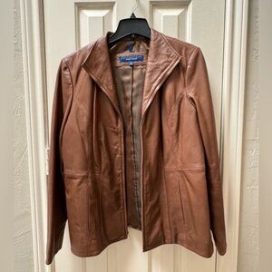Cole Haan XL Single Breasted Wing Collar Lambskin Leather Jacket, Hickory
